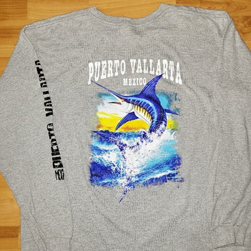 Mexico Puerto Vallarta Tropical Fishing Marlin Grey Long Sleeve Yazbek Tee, XL
